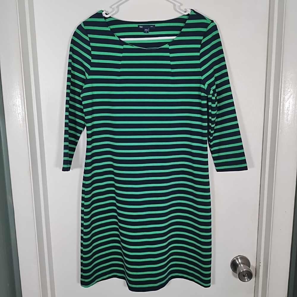 Gap Women's S Dress Navy Blue/Green Striped 3/4 Sleeve A-Line Sheath Casual